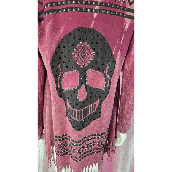 Vocal Skull Crystal Maroon Aztec Fringe Cotton Cardigan Jacket Size Medium - Picture 11 of 16
